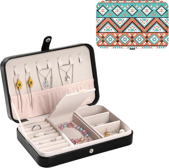 Ethnic Stripe Jewelry Case for Traveling Small Portable Jewelry Storage Box Holder Jewellery Travel Case Organizer for Earring Necklace Ring Bracelet Birthday Christmas Gift for Women Girls
