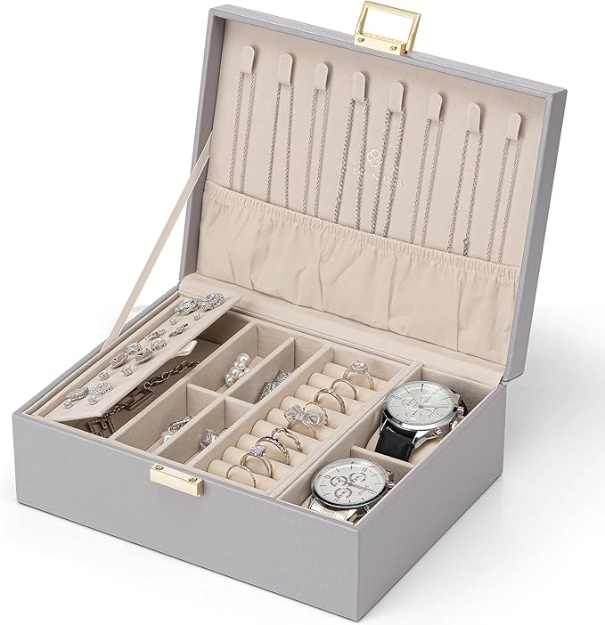 VLANDO 2 Layer Jewelry Box Large Jewelry Organizer for Women Removable Jewelery Tray with Watch Pillow for Necklace Earrings Rings Bracelets Gifts for Couples Mom Friends, Bridesmaid (Grey)