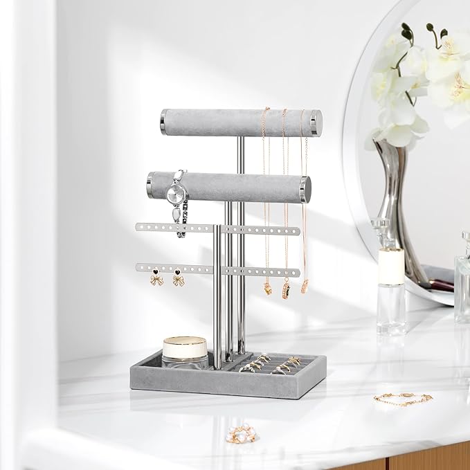 bussdis 3 Tier Bracelet Holder Display - Detachable T Bar Grey Velvet Bracelet Holder, Jewelry Holder Organizer for Bracelet, Necklace, Earrings, Rings