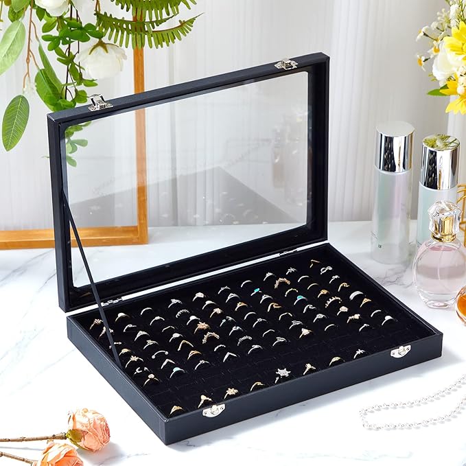 Yinkin 2 Pcs 100 Slots Ring Organizer Box with Transparent Glass Lid Necklace Display Tray Ring Case Velvet Jewelry Holder(Ring)