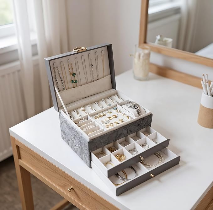 TOFUNTOY Jewelry Organizer Box, Large Jewelry Boxes for Women, 3-Layer Jewelry Holder Organizer for Necklace Earrings Rings Bracelets Storage, Gift for Her Mom