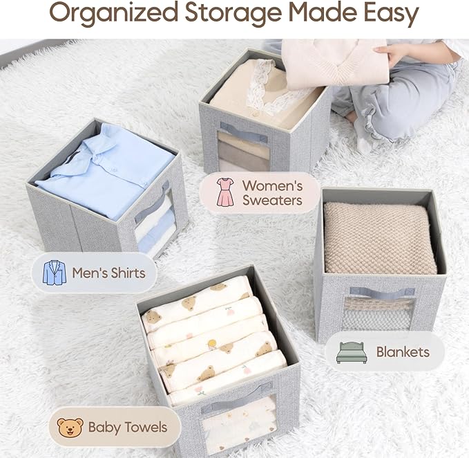 Homsorout Foldable Storage Cubes - Cubby Storage Organizer with Window, Decorative Fabric Bins for Clothes Storage, Closet Organizers for Shelves, 11inch, Set of 8, Light Grey