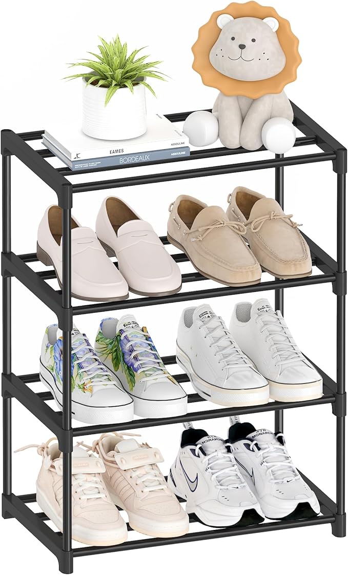Autonomier 4 Tier Extra Small Shoe Rack (16.3" Wide), Narrow Stackable Shoe Shelf for Kids Toddler Adult, Lightweight Shoe Rack Stand for Closet Dorm Storage Organizer, Front Door Entrance, Entryway