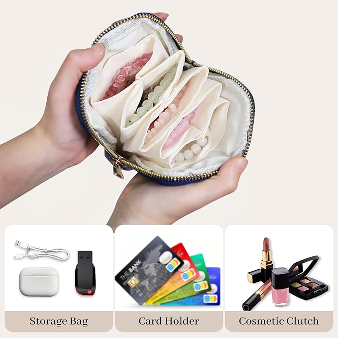 Stratalife Travel Jewelry Case - Portable Jewelry Pouches for Bracelets Necklace Rings, Healing Crystal Storage Bag Earring Organizer with Zipper Gift for Women, Navy Blue