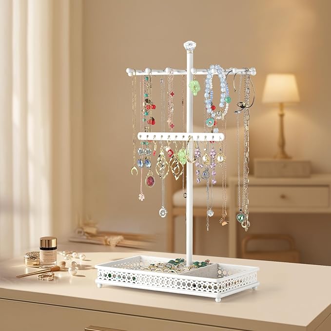 Meangood Jewelry Organizer Stand, 15.6" H Jewelry Tree Display Holder Stand for Bracelets Necklaces Earrings Rings, Gift for Women Girls (White)