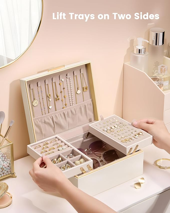 Lolalet Jewelry Box Organizer for Women Girls, 2 Layer Jewelry Organizers and Storage for Necklace Earrings Rings Bracelets, Large Jewellery Holder Case Birthday Mothers Day Gifts -Cream