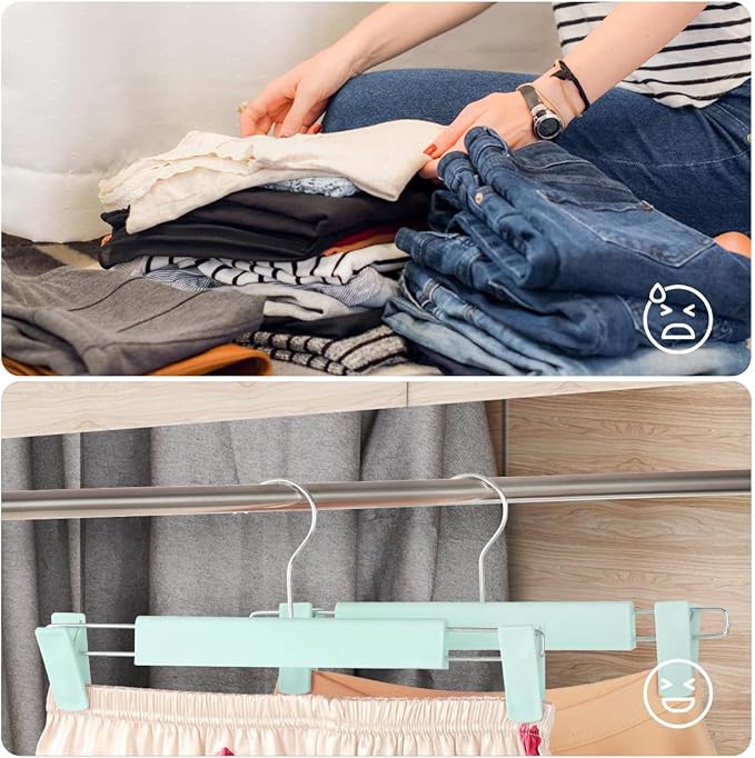 GUANJUNE Clothes Pants Hangers, Space-Saving Skirt Holders with 360 ° Swivel Hooks, Adjustable Clips, Trouser Hangers, Clothes Coat Garment Jeans Hangers (10 Pack, Green)