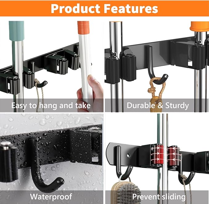 CUXIXA Mop and Broom Holder Wall Mount, Upgraded Broom Organizer Wall Mount, Stainless Steel Broom Hanger Wall Mount for Kitchen Garden Laundry Room Decor (3 Racks with 4 Hooks Black)