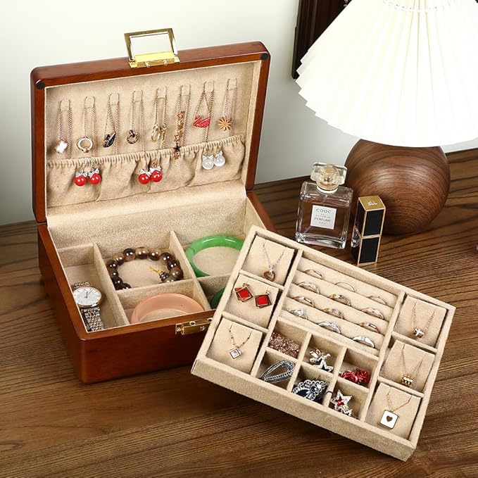 Wooden Jewelry Box with Lock, Double Layer Solid Walnut Wood Jewelry Organizer with Key Velvet Lining for Earrings Rings Necklaces Bracelets Cufflink Pendants Gift Idea Men Women