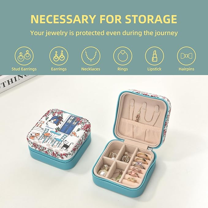 shunmei Mini Travel Jewelry Box,PU Leather Portable Jewelry Organizer Case,Art Accessories Storage Holder Boxes for Earring, Necklace, Rings, Bracelets (Six Cats)