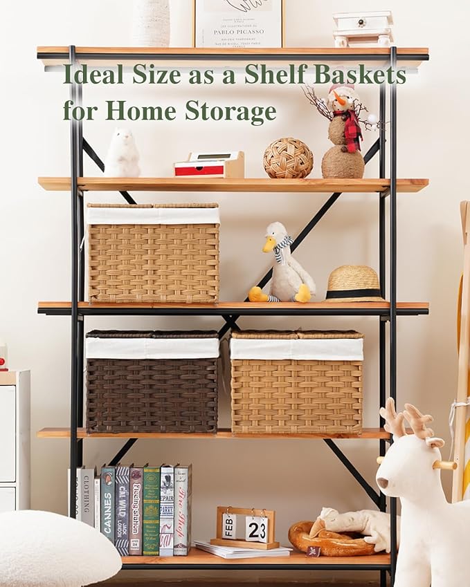 SETVSON Storage Basket with Lid Woven Wicker Baskets with 2 Separate Lid, 9.2 Gallon (35 L) Wicker Storage Bins with Handles, Foldable and 2 Removable Liner Bags for Bedroom, Laundry Room Natural