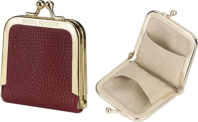 Royal Bagger Genuine Cow Leather Ultra-Slim Mini Jewelry Box, Ring & Necklace Storage, Slim Coin Purse with Kiss Lock for Women 3120 (Wine Red)