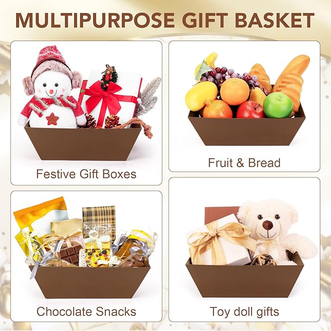 AFOROEOA 20PACK Baskets for Gifts Empty, 12x10x4” Thick Brown Gift Basket with Handles, 20 Bows & 20 Bags - Empty Gift Baskets for Christmas, Thanksgiving, Wedding, Birthday Party, Wrapping Gifts