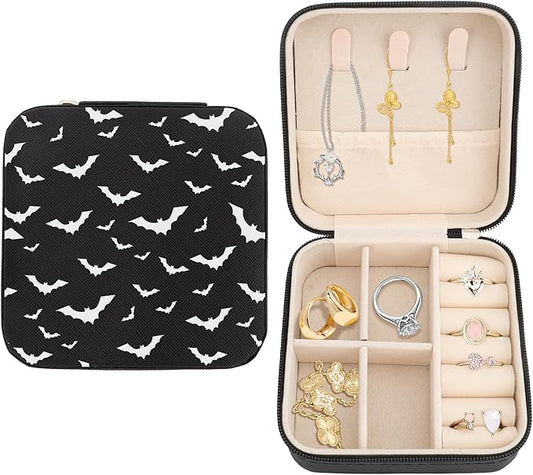 Black White Bats Jewelry Organizer Small Jewelry Travel Case Portable Jewellery Storage for Rings Necklaces Earrings Bracelet Travel Accessories Women Halloween Basket Stuffers for Women
