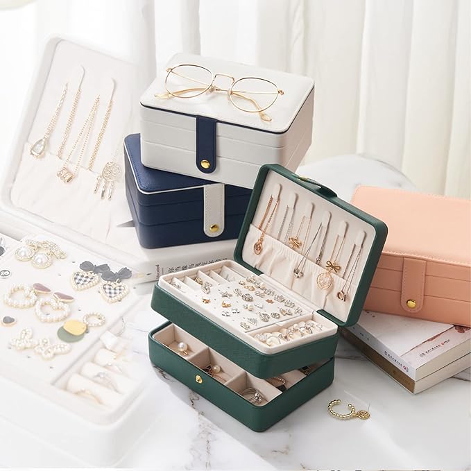 KOOAAICCHI Small Jewelry Box, Travel Jewelry Organizer, Portable Jewelry boxes for Women Girls Gift, Double Layers PU Leather Jewelry Holder for Rings, Earrings, Necklaces-Blue
