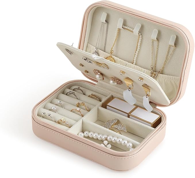 CASEGRACE Travel Jewelry Case, Double Layer Travel Jewelry Organizer for Necklace Earring Rings Jewelry Display Case for Women, Pink