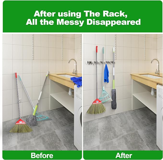 voze 5 Racks and 4 Hooks Mop and Broom Holder Wall Mount, Self Adhesive Heavy Duty Broom Hanger Organizer Storage Tool Racks for Kitchen Garden Laundry Garage