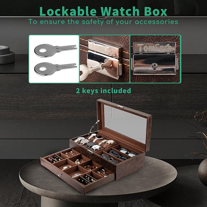 TomCare Watch Box 2-Tier Watch Case Jewelry Organizer Box with Thick Glass Lid Lockable Watch Organizer Jewelry Display Holder Sunglass Rings Necklaces Bracelets Storage Organizer for Men Women,Brown