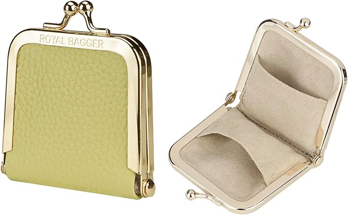 Royal Bagger Genuine Cow Leather Ultra-Slim Mini Jewelry Box, Ring & Necklace Storage, Slim Coin Purse with Kiss Lock for Women 3120 (Yellow)
