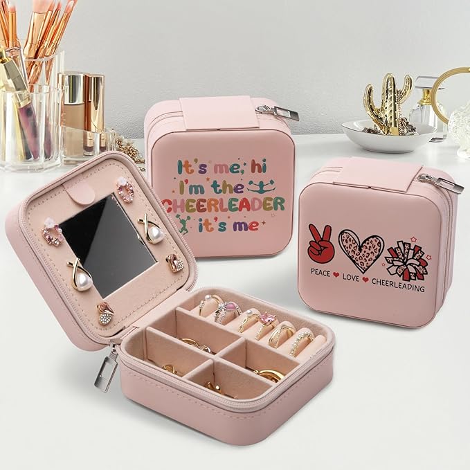 Cheerleading Gifts Jewelry Box for Women, Gifts for Cheerleaders Women Friends, Cheer-leading Gifts Stuff Accessories, Small Travel Jewelry Case Organizer for Cheer Team