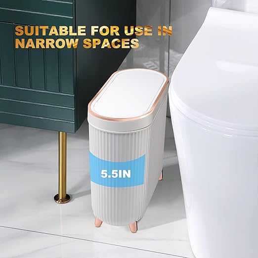 Supteron Bathroom Trash Can with Lid 3.2 Gallon Narrow Trash Can Small Plastic Trash Bin 12 Liter Rectangular Plastic Garbage Can with Press Type Lid for Bedroom Bathroom Milk White