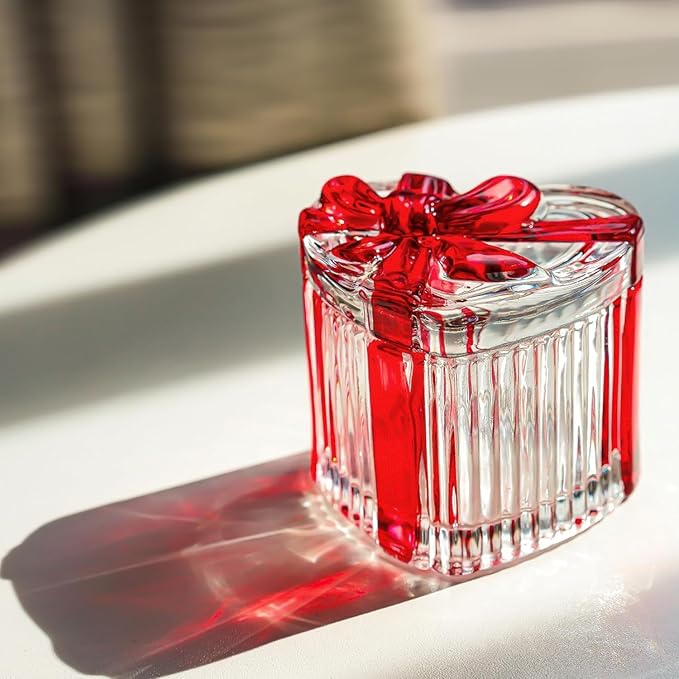 kanpura 2 Pack Glass Heart Shaped Jewelry Box Candy Dish with Lid Ring Earring Trinket Storage Box Vintage Jewelry Organizer Decorative Jar Gifts for Women Girls(Red & Clear)