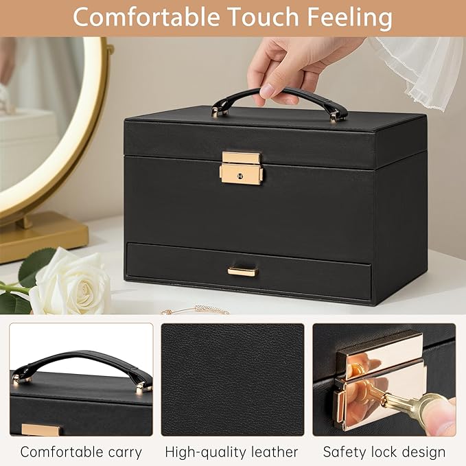 AKOZLIN Travel Jewelry Box Organizer Functional 2-trays Leather Jewelry Storage Case with Lockable Portable Drawer for Women Girls Ring Necklace Earring Bracelet