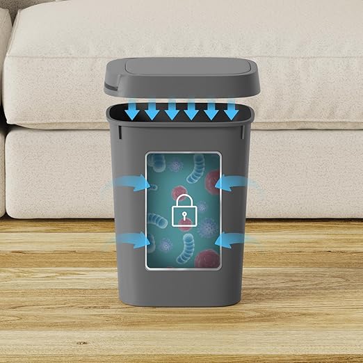 KSSKSS 3 Pack Bathroom Small Trash Can with Lid, 2.6 Gallon Slim Garbage Bin with Pop-Up Lid, 10L Plastic Wastebasket for Bedroom, Office, Kitchen, Toilet (Gray)