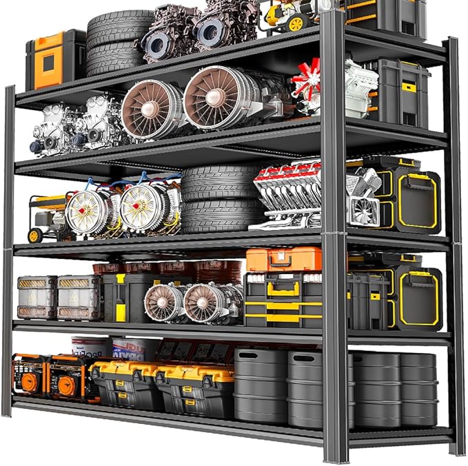 48" W Garage Shelving,5 Tier Heavy Duty Shelving,Garage Storage Shelves, 3300 lbs Capacity, Industrial Shelves for Heavy Tools and Equipment, Ideal for Garage, Basement, Black