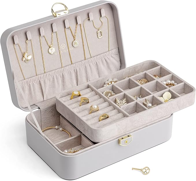 VLANDO Jewelry Boxes for Women,2 Layers Jewelry Box with Lock,Birthday Gifts for Women Girls,Jewelry Organizers for Earrings Necklace,Rings Storage Grey