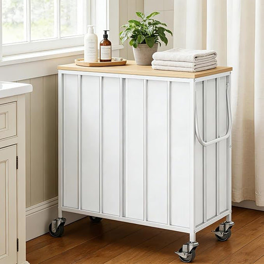 120L Laundry Hamper with Wheels and Lid, Rolling Laundry Basket with Dual Removable Liners, Soft-Close Flip-Top Wooden Lid, Metal Handles, Clothes Organizer for Bedroom and Laundry Room
