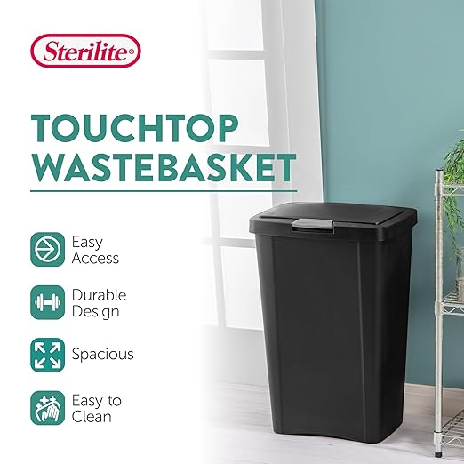 Sterilite 13 Gallon TouchTop Narrow Plastic Wastebasket with Secure Titanium Latch for Kitchen, Bathroom, and Office Use, Black (12 Pack)