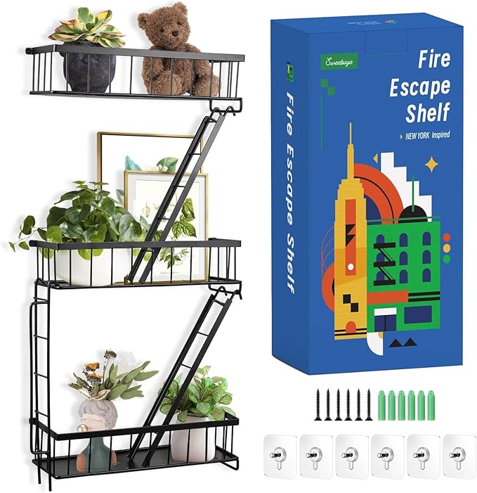 SweetSage Fire Escape Wall Shelf - New York Decorative Ladder Shelf, Wall Art Floating Shelf Black Metal Shelves for Bedroom, Home Office Storage and Display (3-Tier)