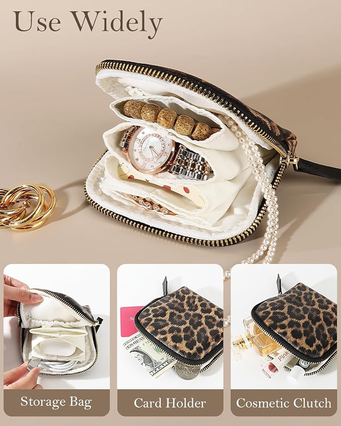 COOLYOUTH Travel Jewelry Case Organizer for Women Portable Jewelry Box with Small Pouches Mini Jewelry Bag for Rings, Bracelets, & Bangles with Smooth Metal Zipper (Brown Leopard)