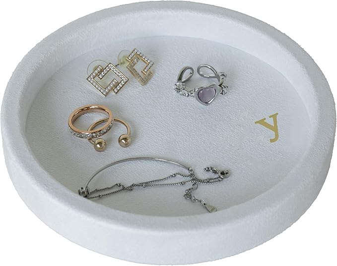COLLECTIVE HOME - Velvet Jewelry Tray, 6" Monogrammed Jewelry Dish, Smooth Velour Display Dish for Rings, Earrings, Necklaces, Makeup, Personalized Gifts for Women (White-y)