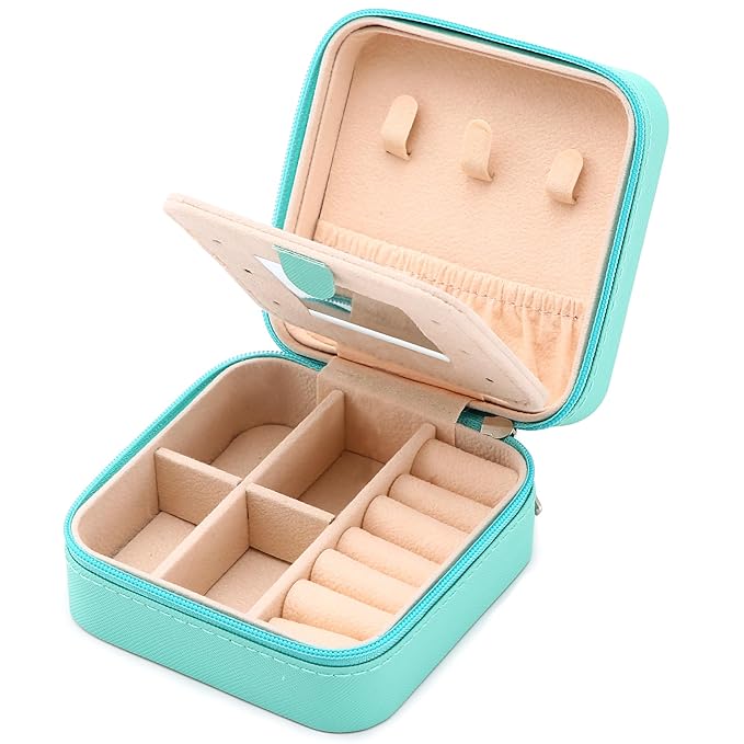 Neveika Jewelry Box with Mirror,Small Jewelry Organizer Box，Travel Jewelry Case for Women，Gift Jewelry Boxes for Female Girls (mirror blue)