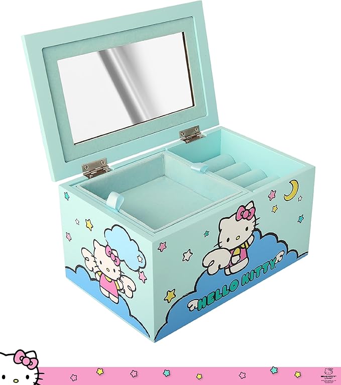 Hello Kitty Jewelry Box with Tray and Storage Official License, Blue Jewelry Box, Wood Jewelry Organizer, Sanrio Gifts (Blue)
