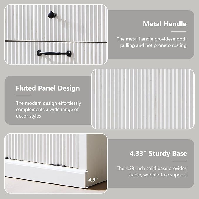 IFBUY Modern Double Tilt-Out Laundry Hamper Cabinet, 20 Gallon Fluted Trash Can Cabinet w/2 Drawers, Wooden Hidden Garbage Can Cabinets with Laundry Basket, for Bathroom and Kitchen, Antique White