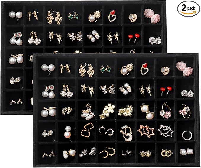 Large Velvet Jewelry Tray 2 Pack Stackable Jewelry Display Drawer Inserts Trays Organizer for Earring Bracelet Necklace Ring (Black, 40 Grids)