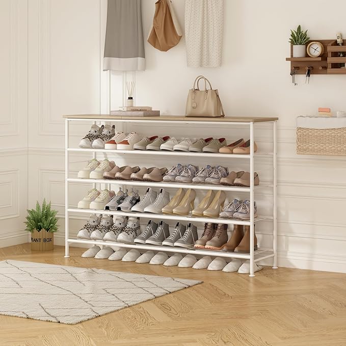 SUOERNUO Shoe Rack Organizer 5 Tier for Closet Entryway Free Standing Metal Storage Shoe Shelf with MDF Top Board (White+Oak, Large 5 Tier)