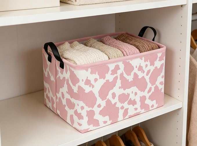 Rectangular Cow Baskets Pink Basket Cute Storage Bins Organizer Box Girls Room Decor for Home.(Pink cow)