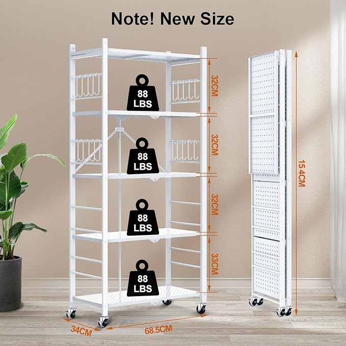 Himix Storage Shelves with 20 Hooks, 5-Tier Foldable Shelves for Storage, Collapsible Organization Rack Bookshelf 440 Ibs for Kitchen Garage Home Room, White - No Assembly
