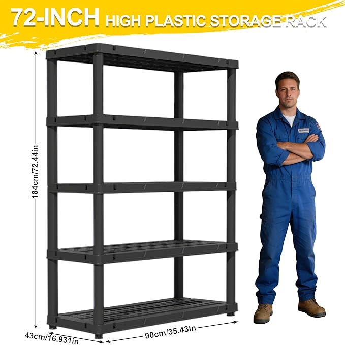 72”H Plastic Garage Storage Shelves,5-Tier Heavy Duty Plastic Shelving,700LBS Plastic Shelving Units Free Standing,for Home,Garage,Basement, Laundry,Black,16.93" Dx35.43 Wx72.44 H