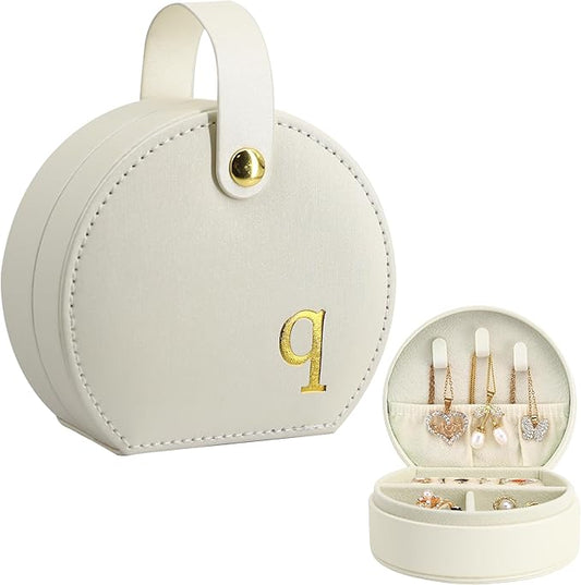 COLLECTIVE HOME - Travel Jewelry Case, Elegant Half-Moon Design with Gold Monogram, Detachable Handle, Personalized Accessory Organizer, Gift for Fashion-Forward Women and Teens (q)
