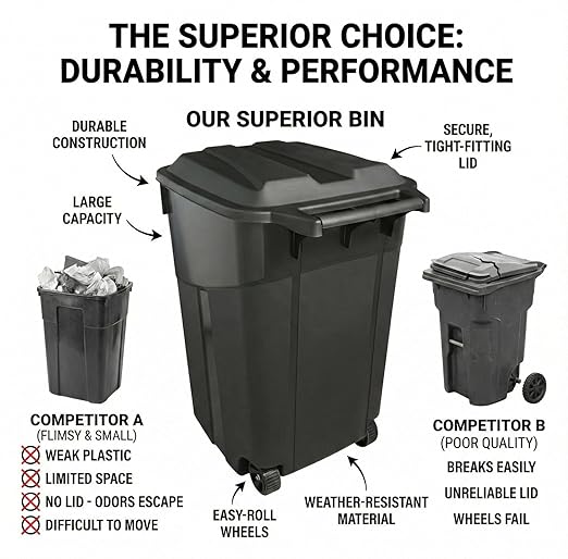 Outdoor Trash Can with Lid & Wheels, 32 Gallon Large Garbage Can for Garage & Patio, Heavy Duty Lockable Lid, Rugged Wheels & Easy Grip Handle