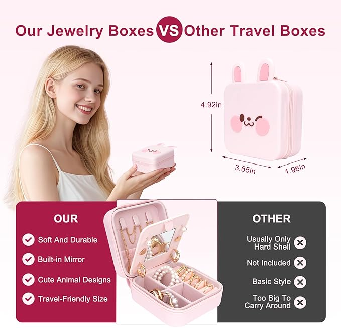 Cute Bunny Travel Jewelry Case with Mirror, Silicone Portable Mini Small Jewelry Box Organizer for Women Girls Mom, Wedding, Birthday Gift - Pink