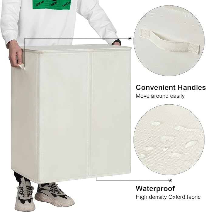 WOWLIVE 154L Double Laundry Hamper with Lid and Removable Laundry Bags, Large Dirty Clothes Hamper 2 section Collapsible Laundry Basket Dorm Room Storage for Bedroom, Bathroom, College,Beige