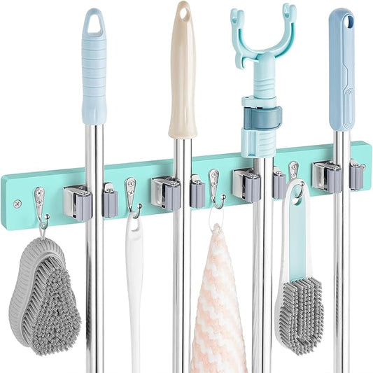 OUTNILI Turquoise Mop Broom Holder Wall Mount with 4 Slots & 4 Hooks - Wood Broom Mop Hanger for Pantry Closet Laundry Room Organization - for Teal Kitchen Decor and Accessories
