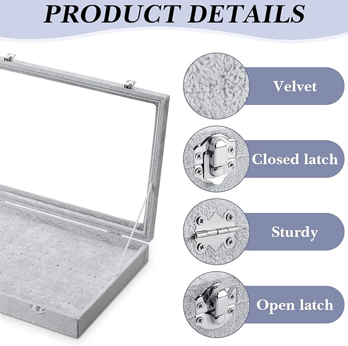 Yinkin 2 Pcs 100 Slots Ring Organizer Box with Transparent Glass Lid Necklace Display Tray Ring Case Velvet Jewelry Holder (Gray)