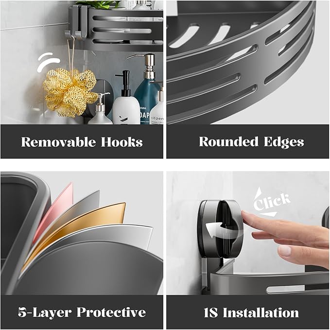 ONXE Suction Cup Shower Caddy,No Drilling Corner Shower Shelves Heavy Duty,Shower Organizer with Hooks,Rustproof Waterproof Space Aluminum Bathroom Storage,Home Accessories Decor